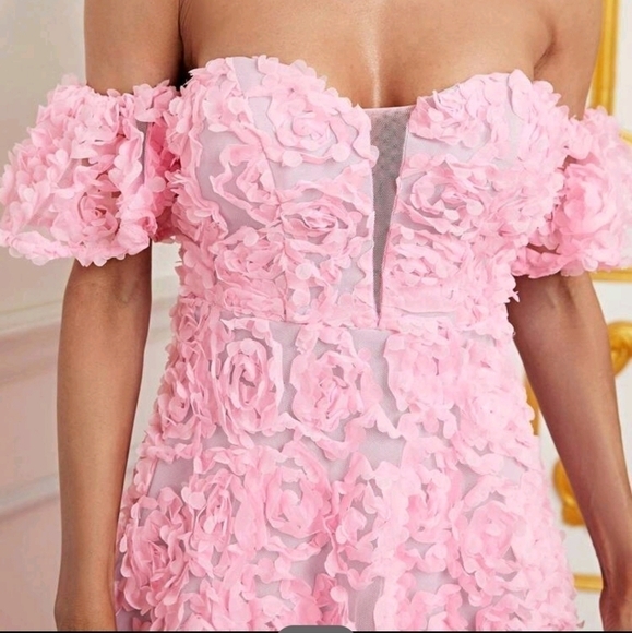 PINK PARTY PUFF SLEEVE,  FLORAL, off the shoulder,  Contrast Mesh, a lin… - Picture 4 of 9